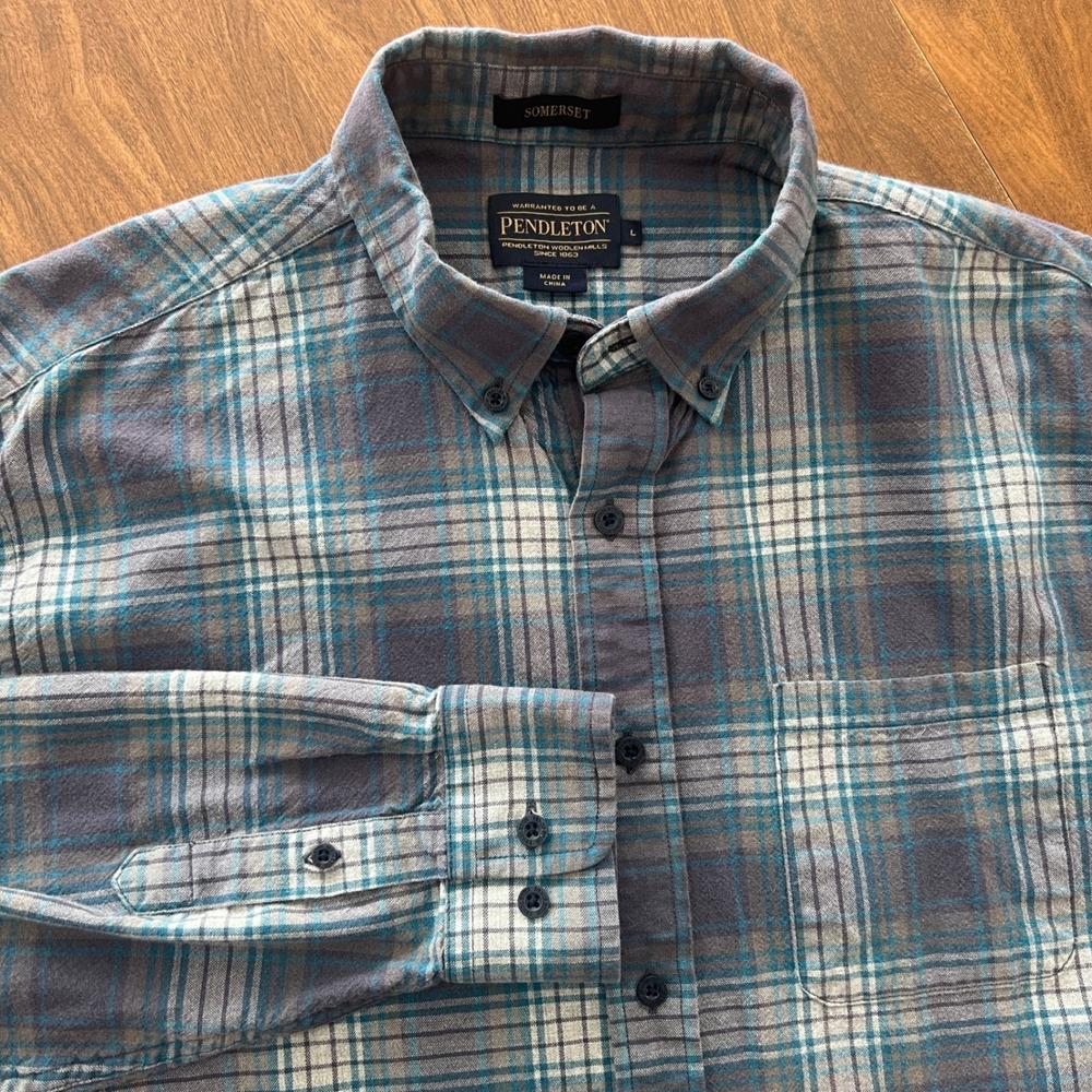 Pendleton Somerset Mens Large Blue Grey Plaid Cotton Wool Blend Flannel Shirt